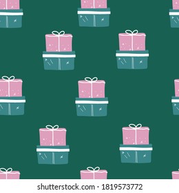 Patrón sin fisuras de Año Nuevo. Patrón de Navidad sin fisuras, papel de envoltura digital. Cajas de regalo sobre fondo turquesa