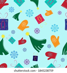 new year seamless pattern with Christmas trees gifts and mittens