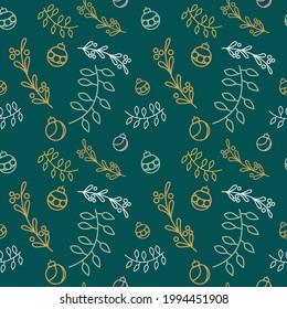 New Year seamless pattern with Christmas balls, garland and mistletoe branches on a green background.