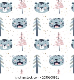 New Year seamless pattern with Christmas tree and blue chines tiger in scandinavian trendy style. Doodle forest cartoon texture for greeting cards, fabrics or wrapping paper. New Year holiday