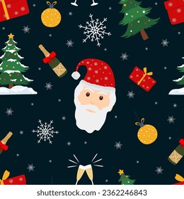Nuevo año patrón sin fisuras con elementos de navidad. Colorida ilustración plana de Santa Claus, árbol de navidad, copo de nieve, champán, caja de regalo sobre fondo azul oscuro. Fondo de repetición. Vector