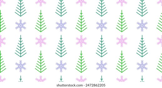 New Year seamless pattern with Christmas trees and snowflakes on white background. Wrapping paper, fabric pattern. Cover. New Year. Christmas. Vector illustration 