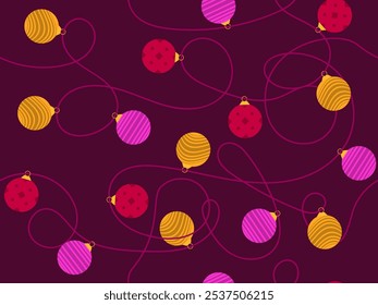 New Year seamless pattern with Christmas balls. Garland with colourful Christmas tree balls hang on a string. Xmas design for wallpaper, covers, banners and posters. Vector illustration