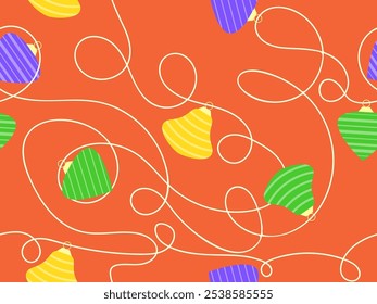 Silvester nahtloses Muster mit Weihnachtsbällen. Girlande mit bunten Weihnachtsbaumkugeln hängt an einer Schnur. Weihnachtsdesign für Tapeten, Cover, Banner und Poster. Vektorgrafik