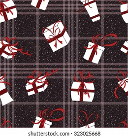 New year seamless pattern. Christmas design. White gift boxes. Red bows. Brown shabby background. Vector illustration.