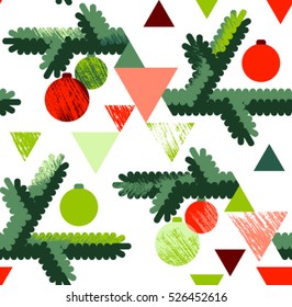 New Year seamless pattern with christmas tree branches and balls. Flat style vector illustration.