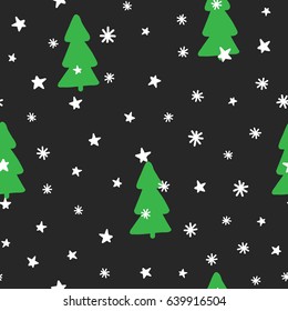 New Year seamless pattern. Christmas trees, snowflakes, stars. Sketch, doodle, children's drawing. Vector illustration. Green, black, white colour.