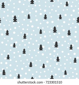 New Year seamless pattern. Christmas trees and round dots drawn by hand. Template for design of postcards, covers, invitations, flyers, clothes. Vector illustration.