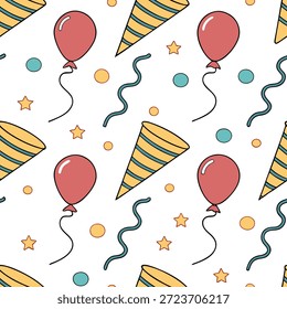 O padrão contínuo do Ano Novo com balões de galhardetes coloridos e poppers da festa para um conceito de design animado festivo como padrão de Ano Novo Vivo com balões de galhardetes coloridos e poppers da festa para uma celebração divertida e vibrante no Conceito de Stock de Foto e espaço vazio no lado esquerdo, sem texto —ar 7:2 —tile
