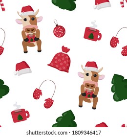 New year seamless pattern with cute bull.Printed background for Christmas design bull, Christmas tree, mittens, Santa Claus hat.