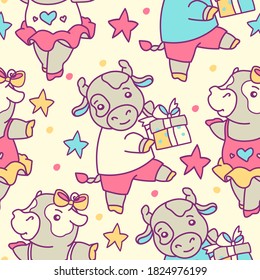 New Year Seamless pattern with cute silver bull.Printable background or endless decoration for web wallpaper.