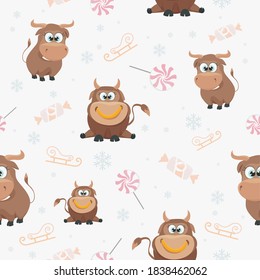 New year seamless pattern with cute bullhead. Printed background or endless decoration for Christmas design.