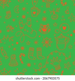 New year seamless pattern with cute characters on  green background. Doodle winter wallpaper. Christmas cartoon print.