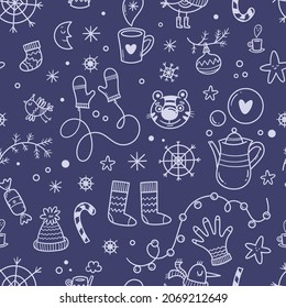 New year seamless pattern with cute characters on blue background. Doodle winter wallpaper. Christmas cartoon print.