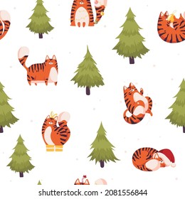 New year seamless pattern with cute tiger. Chinese new year symbol. Snoflakes and christmas tree. White background