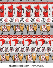 New Year Seamless pattern. Decorative dogs and snowflakes.