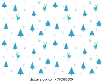 New Year seamless pattern with deer and Christmas tree. Blue pine tree on white background.