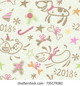 New year seamless pattern with dog, fir branches and bones. Vector background.