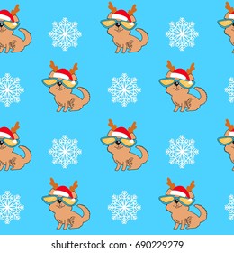 New Year seamless pattern with dogs. Dogs in a New Year's cap and glasses. Vector illustration Festive Christmas seamless  pattern. 