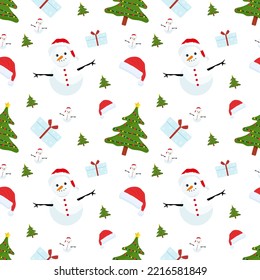 New year seamless pattern with new year elements. Seamless pattern with Christmas tree, Snowman and gift box on white background. Merry christmas and Happy new year. vector illustration eps10