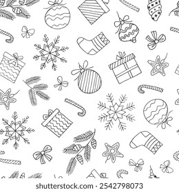 Ano Novo padrão sem emenda de ramos de abeto, brinquedos, presentes, brinquedos de árvore de Natal, caixas de presente e flocos de neve. Ilustração em estilo desenhado à mão. Pode ser usado para criar cartões postais, capas, padrões, fundo