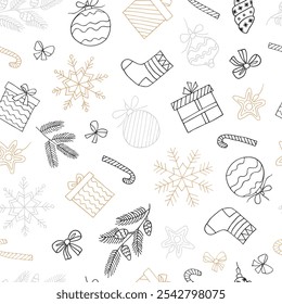 Modelo inconsútil del año Nuevo de las ramas de abeto, juguetes, regalos, juguetes del árbol de navidad, cajas de regalo y copos de nieve. Ilustración en un estilo dibujado a mano. Se puede utilizar para crear postales, cubiertas, patrones, fondo