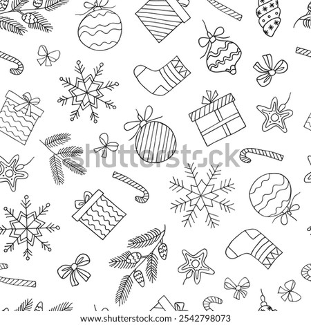 New Year seamless pattern of fir branches, toys, gifts, Christmas tree toys, gift boxes and snowflakes. Illustration in a hand-drawn style. Can be used to create postcards, covers, patterns, backgroun