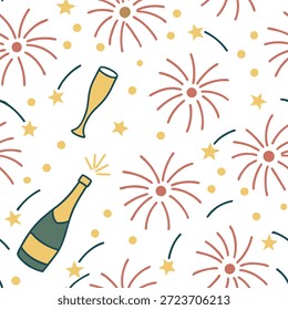 Silvester nahtloses Muster mit Feuerwerk Champagner und Feier-Elemente für ein fröhliches festliches Design-Konzept als Freude Neujahr Muster mit Feuerwerk Champagner und festliche Elemente für einen lebhaften Feier-Look in Foto Stock Konzept und leeren Raum auf der linken Seite, kein Text —ar 7:2 —tile