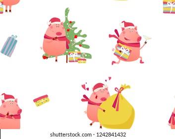 New year seamless pattern with funny pigs, Christmas tree and gifts. Vector cartoon background for package, card, poster, textile, set of cute piggy characters.
