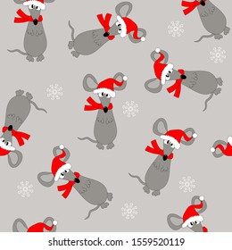 New Year seamless pattern with funny rat/mouse in Santa hat and snowflakes. Chinese zodiac sign Year of Rat, symbol of 2020. For creating packing, fabric design, banner, New Year and Christmas cards.
