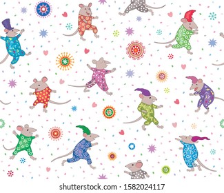 New Year seamless pattern with funny rats