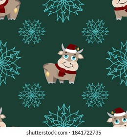 New year seamless pattern funny cartoon bull symbol 2021 in a hat and scarf on a green background with snowflake. Vector illustration for festive design, wallpaper, background, invitations, card.