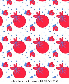 Año Nuevo sin fisuras con bolsa de regalo y mitones en el fondo invernal. Santa Claus entrega regalos. Ilustración plana para el embalaje, pancarta o patrón textil.