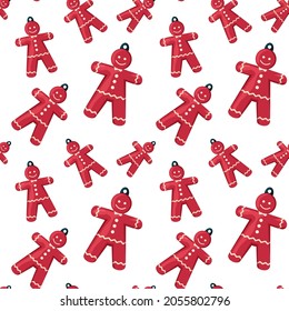 Patrón sin fisuras de Año Nuevo, hombres de pan de jengibre, personajes de caricatura roja, patrón para papel de regalo y diseño
