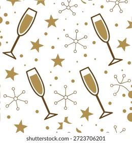 Ano Novo padrão sem costura com confete de ouro estrelas cintilantes e taças de champanhe para um conceito de olhar de Ano Novo de luxo como padrão de Ano Novo de luxo com confete de ouro estrelas cintilantes e taças de champanhe para uma celebração de alta classe no Conceito de Stock de Foto e espaço vazio no lado esquerdo, sem texto —ar 7:2 —tile