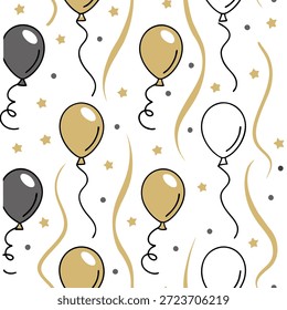 Ano Novo padrão sem costura com ouro e prata balões galhardetes e confetes para um conceito glamouroso comemoração de feriado como Glamouroso Ano Novo padrão com ouro e prata balões galhardetes e confetes para uma elegante festa olhar no Photo Stock Concept e espaço vazio no lado esquerdo, sem texto —ar 7:2 —tile