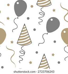 Patrón sin fisuras del año Nuevo con los sombreros y los globos del partido de las serpentinas del oro y del plateado para un concepto elegante de la celebración del año Nuevo como modelo elegante del año Nuevo con los sombreros y los globos del partido de las serpentinas del oro y del plateado para una sensación festiva del partido en el lado izquierdo, ningún texto --ar 7:2 --tile