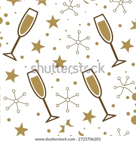 New Year seamless pattern with gold confetti sparkling stars and champagne glasses for an upscale New Year Eve look concept as Upscale New Year pattern with gold confetti sparkling stars and champagne glasses for a high class celebration in Photo Stock Concept and empty space on the left side,no text --ar 7:2 --tile