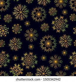 New Year seamless pattern. Golden snowflakes on a deep blue background. Snowflakes are made in the traditional New Year style. vector image.