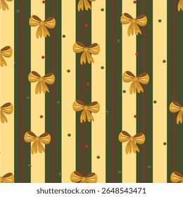 New Year seamless pattern in green and coffee stripes with bows in gold tones