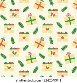 Silvester nahtloses Muster mit Urlaubsgeschenken und -kästen. Vektorgrafik. Verpackungspapier und Weihnachtsdesign aus Textilien.