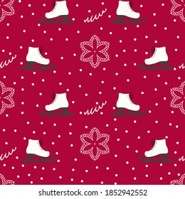 New Year Seamless Pattern with ice skates and snowflakes on red. Vector Illustration.
