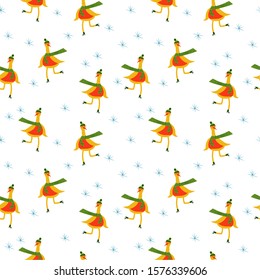 
New Year seamless pattern. Isolated cute bird ice skating on a white background. vector. illustration