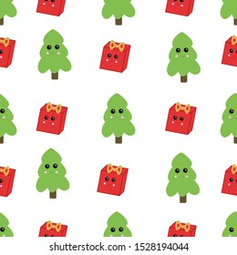 New year seamless pattern with kawaii christmas tree and presents. 