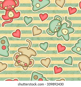 New Year seamless pattern with kawaii monkeys.  Cute vintage design for babies