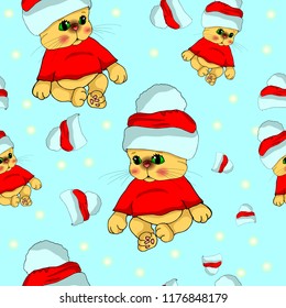 New Year seamless pattern with a kitten in a Christmas hat