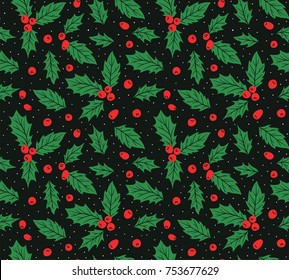 New year seamless pattern with leaves and berries  of Holly. Christmas hand drawn wrap paper design.