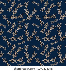 New Year seamless pattern with mistletoe branches on a dark blue background.