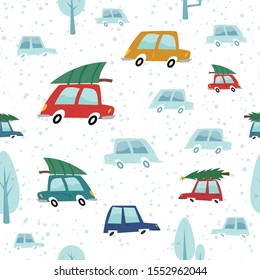 New Year seamless pattern. Multi-colored cars carry Christmas trees on a background of falling snow. Illustrations in mid century style. Background for gift wrapping.