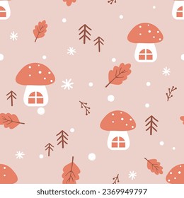 Nuevo año patrón sin fisuras con dibujos animados de setas, pinos, hojas de arce y copos de nieve en ilustración vectorial de fondo del cielo nocturno.